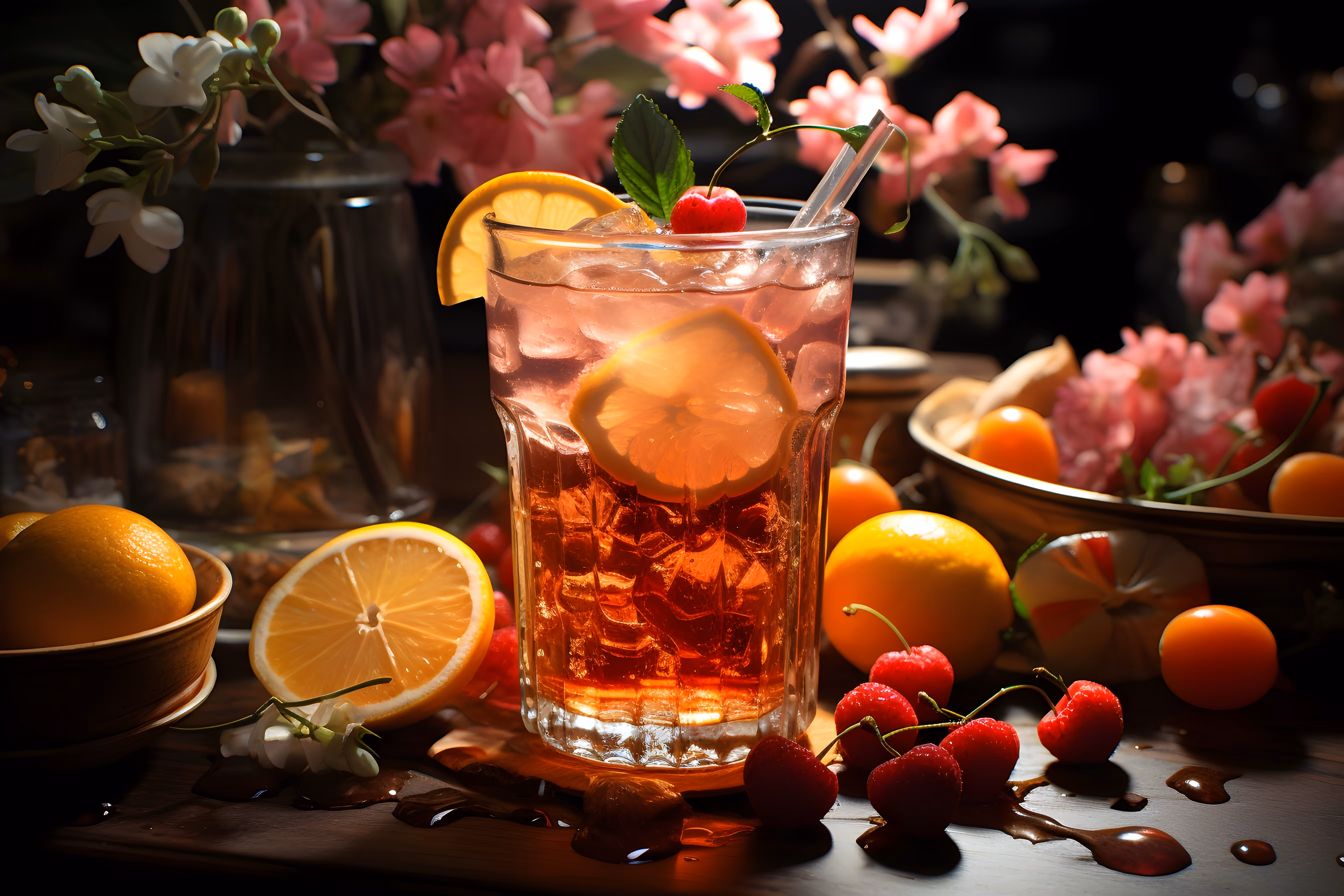 冷たいドリンクで一息つく場面